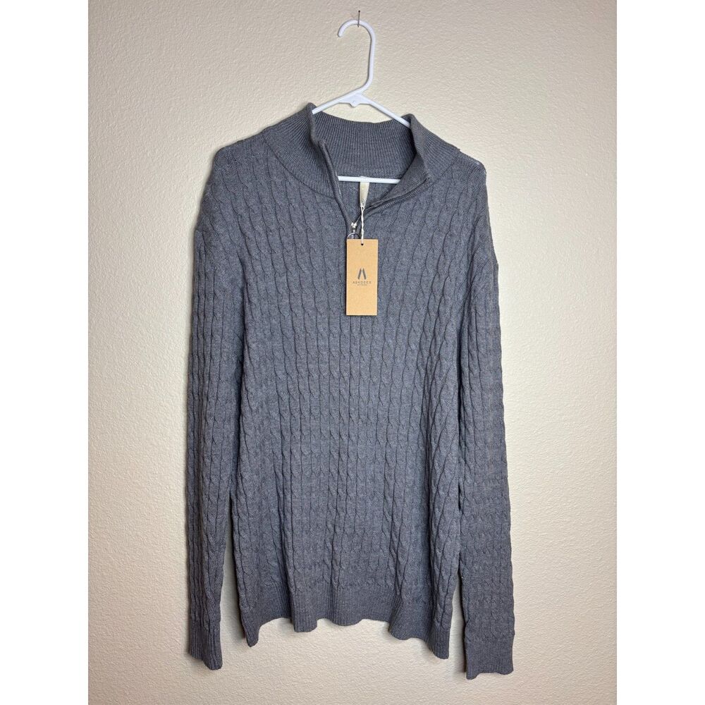 Askdeer Men's Crewneck Pullover Sweater 1/4 Zip Cable Knit Classic Gray XL